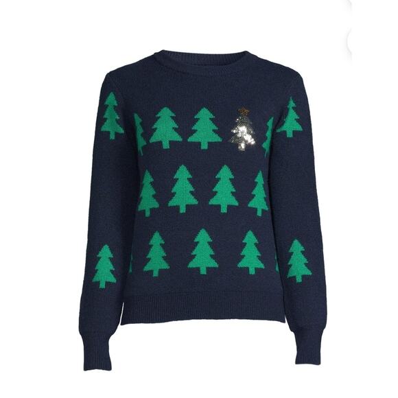 HOLIDAY TIME Womens L 12-14 Blue Green Trees Sequins Ugly Christmas Sweater - Picture 2 of 9